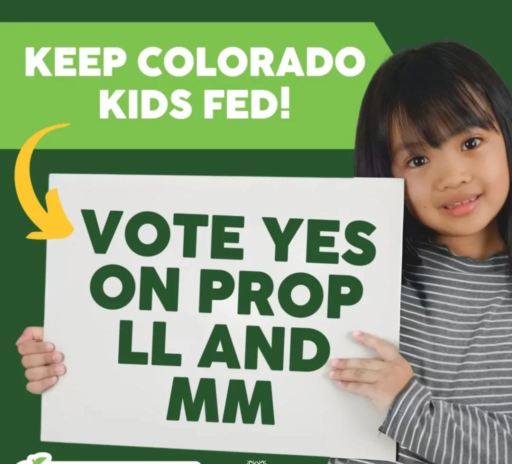 child holding sign saying "vote yes on prop LL and MM"